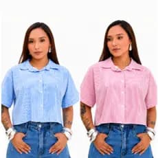 Camisa Feminino  Cropped Listrada Social Manga Curta Elegante Blusa Chike Tendencia M(40)G(42)GG(44)