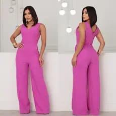 Macacão Longo Feminino Gola V Social em tecido  Linho Rústico Elegante e Confortável com Bolsos laterais moda feminina