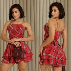Macaquinho rodado Xadrez Quadriculado feminino acintura alças ajustáveis moda feminina elegante são João festas
