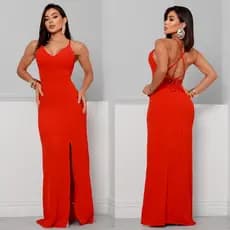 vestido longo social estampado Costa aberta de fenda  bojo e forro moda feminina elegante alça ajustável