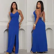 Vestido longo costa nua com fenda bojo e forro amarração nas costas  zíper invisível moda feminina elegante