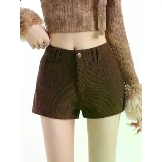 Shorts De Veludo Cáqui Feminino Outono Inverno Linha A Calças De Perna Larga Cintura Alta Slim Fit Quentes