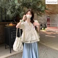 Verão estilo japonês fungo borda solta idade-reduzindo camisa do bebê topo feminino estilo coreano doce rendas Puff mang
