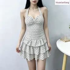 Estilo japonês puro desejo estilo maiô de uma peça moda feminina bolinhas saia plissada maiô feminino halter cinta halte