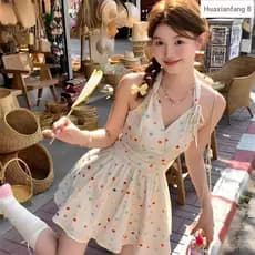 Saia japonesa maiô de uma peça moda feminina maiô de bolinhas feminino doce saia Halter de uma peça maiô conservador lig