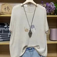 Olhos grandes [Roupas femininas japonesas coreanas de tamanho único] Malhas-6 cores verão algodão linho manga curta gola