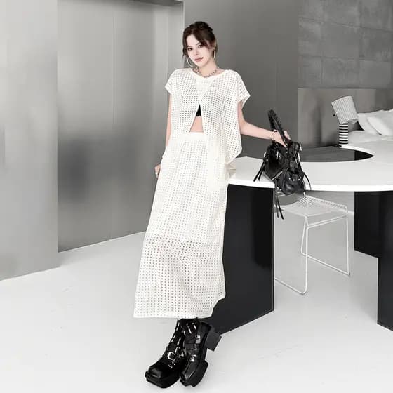 Olhos grandes [Roupas femininas estilo Yamamoto] Terno de saia-2 cores estilo japonês estilo escuro terno de malha oca v