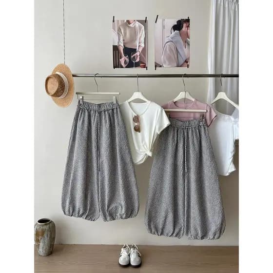 Olhos Grandes [Roupas Femininas Boutique Coreana Japonesa] Calças Compridas-Japonês Coreano Retro Estilo Preguiçoso Xadr
