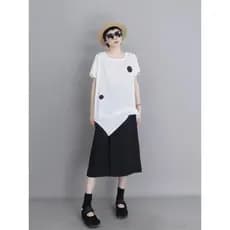 Olhos grandes [Roupas femininas estilo Yamamoto] Camiseta de manga curta-2 cores verão estilo assimétrico camiseta de ma