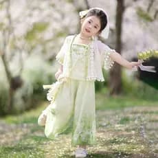 Hanfu Meninas 2026 Novo Verão De Manga Curta Traje Antigo Infantil Estilo Chinês Terno Tang Conjunto De Três Peças Infan