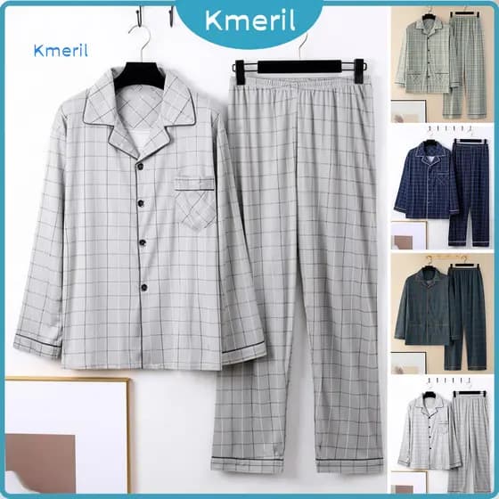 { kmeril.th1 } Conjunto De Pijamas Masculinos De 2 Unidades/Com Estampa Xadrez Lapela Manga Comprida Camisa De Peito Úni