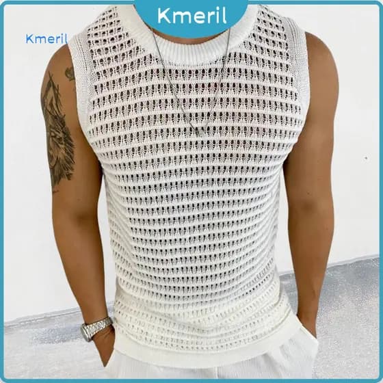 { kmeril.th } Verão Masculino O-Pescoço Sem Mangas Tricô Colete Cor Sólida Fino Ajuste Oco Para Fora Pulôver Topos Stree