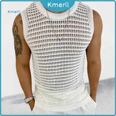 { kmeril.th } Verão Masculino O-Pescoço Sem Mangas Tricô Colete Cor Sólida Fino Ajuste Oco Para Fora Pulôver Topos Stree