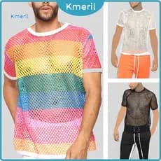 { kmeril.th } Men Top Clubwear Oco Out Color Fishnet Block Redondo Pescoço Mangas Curtas Transparente Streetwear Solto R