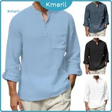 { kmeril.th } Camisa Masculina De Linho De Algodão Manga Comprida Gola Banda Camiseta Com Bolso No Peito Cor Sólida Casu