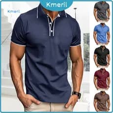 { kmeril.th } Men Tops Lapela Botões Meia Carcela Manga Curta Camiseta Color Blocking Regular Fit Esporte Casual