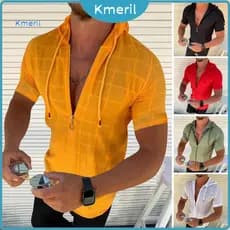 { kmeril.th } Camiseta Masculina Com Capuz , Manga Curta , Xadrez , Zíper , Casual , Fina , Verão , Para Esportes , Laze