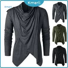 { kmeril.th } Camisa Masculina De Outono Vintage Mangas Compridas Cor Sólida Cardigã Assimétrico Quente Gola Xale Mediev