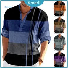 { kmeril.th } Camisa Masculina De Negócios Com Decote Em V Botões Manga Comprida Pulôver Tops Patchwork Cor Casual