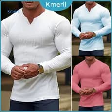 { kmeril.th } Camiseta Masculina Cor Sólida Com Nervuras Manga Longa Decote Em V Streetwear Outono Inverno Camisa De Fun