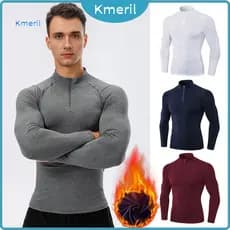 { kmeril.th } Outono Inverno Masculino Top Térmico Forro De Pelúcia Zíper Gola Alta Camisa De Manga Longa Slim Fit Stret