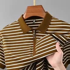 Camisa Polo listrada masculina de verão meio zíper lapela manga curta luz estilo maduro olhar jovem negócios Casual All-