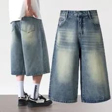 Calças cortadas jeans masculinas verão na moda solta reta fina calças casuais esportes meninos 7 pontos Shorts