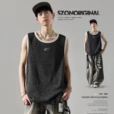 Camiseta sem mangas masculina estilo americano bordado contraste cor esportes colete ins verão exterior usar ombro largo