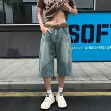 Masculino verão recortado americano Retro lavado Shorts juventude solto em linha reta Casual All-Match Jeans