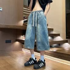 Gradiente Denim calças cortadas dos homens verão estilo fino Street Wear estilo americano lavado Shorts solto em linha r