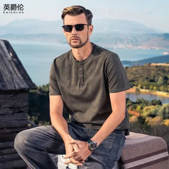 Camiseta masculina de manga curta com gola Henry verão americano retrô Tie-Dye meia manga Ami K