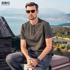 Camiseta masculina de manga curta com gola Henry verão americano retrô Tie-Dye meia manga Ami K