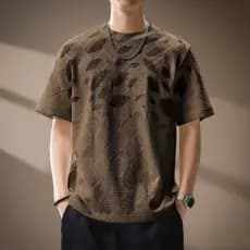 High-End americano oco Jacquard malha de manga curta camiseta masculina verão Street Wear Retro respirável luz luxo