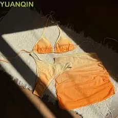 Maiô De Biquíni YUANQINZT , Roupas De Praia Com Cadarço 3 Em 1 Conjunto De Roupa De Banho De Cor Gradiente , V Profundo
