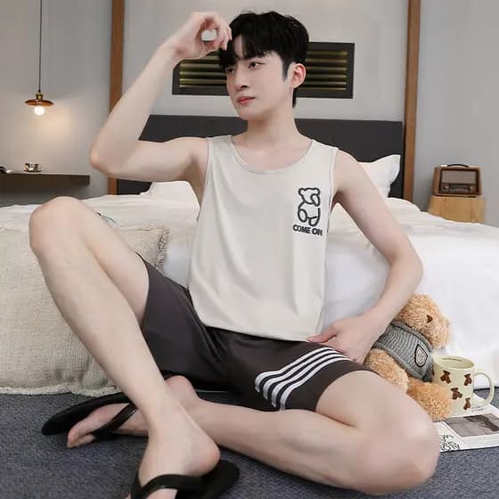 Pijamas masculinos pijamas masculinos Modal gelo seda legal versão coreana meninos colete pijamas Shorts sem mangas Loun