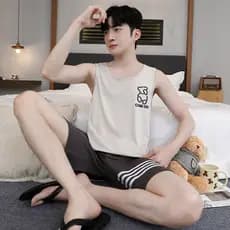 Pijamas masculinos pijamas masculinos Modal gelo seda legal versão coreana meninos colete pijamas Shorts sem mangas Loun