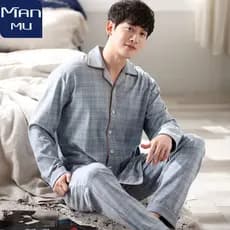 Pijamas masculinos 100% algodão pijamas masculinos de algodão Plus Size solto manga comprida Cardigan terno Casual Homew