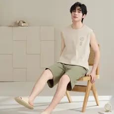 Pijamas masculinos pijamas de algodão puro colete fino sem mangas Shorts podem usar fora Casual Homewear tamanho grande