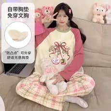 ((Pijamas) Pijama feminino estilo primavera outono manga comprida 2026 com almofada no peito roupa de dormir Anti-colisã