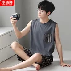 Pijamas masculinos pijamas modais pijamas masculinos sem mangas colete fino Shorts soltos tamanho grande Loungewear tern