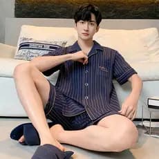 Conjunto de pijama masculino de manga curta, pijama masculino de algodão puro com lapela, cardigã de manga curta, Casual