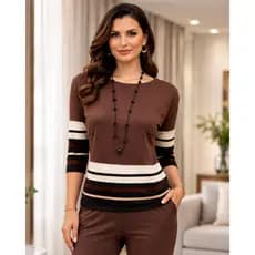 Blusa Lisa Barra e Punho Listrada Feminina Viscolaycra Manga 3\4  Gola Canoa Feminina Básica Social sofisticada elegante