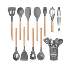 Kit Utensílios de Cozinha Silicone 12 Peças Cabo de Madeira Resistente 230°C com Suporte Organizador