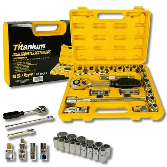 Jogo de Soquete Sextavados 1/2" 22 Peças Com Maleta Titanium
