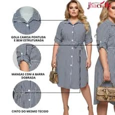 Vestido Chamise Listrada com  Manga ajustavel com Botão plus size Feminina Tamanho G1 G2 G3