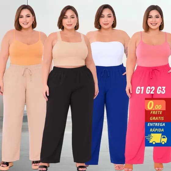 Calça Pantalona  Feminina Elástico Na Cintura Cintura Alta Tecido Duna Plus size