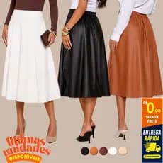 Saia Midi Couro Feminina Premium – Efeito Modelador | Elegância Instantânea | Cintura Alta | Moda Feminina