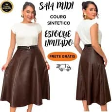 Saia Couro Feminina Midi Elegante Cintura Alta Moda Blogueira Estilo Casual M G GG