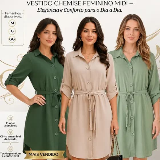 Chemise Vestido Camisão Feminina Viscolinho Com Cinto Manga 3/4 Botões Social Elegante 2026
