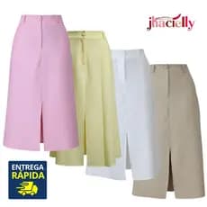Saia Midi Feminina Marrant Cintura Alta com Fenda e Bolsos Elegante Alfaiataria